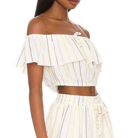 BCBGENERATION Stripe Off-the-shoulder Crop Top In Ivory MultI - Picture 2 of 5